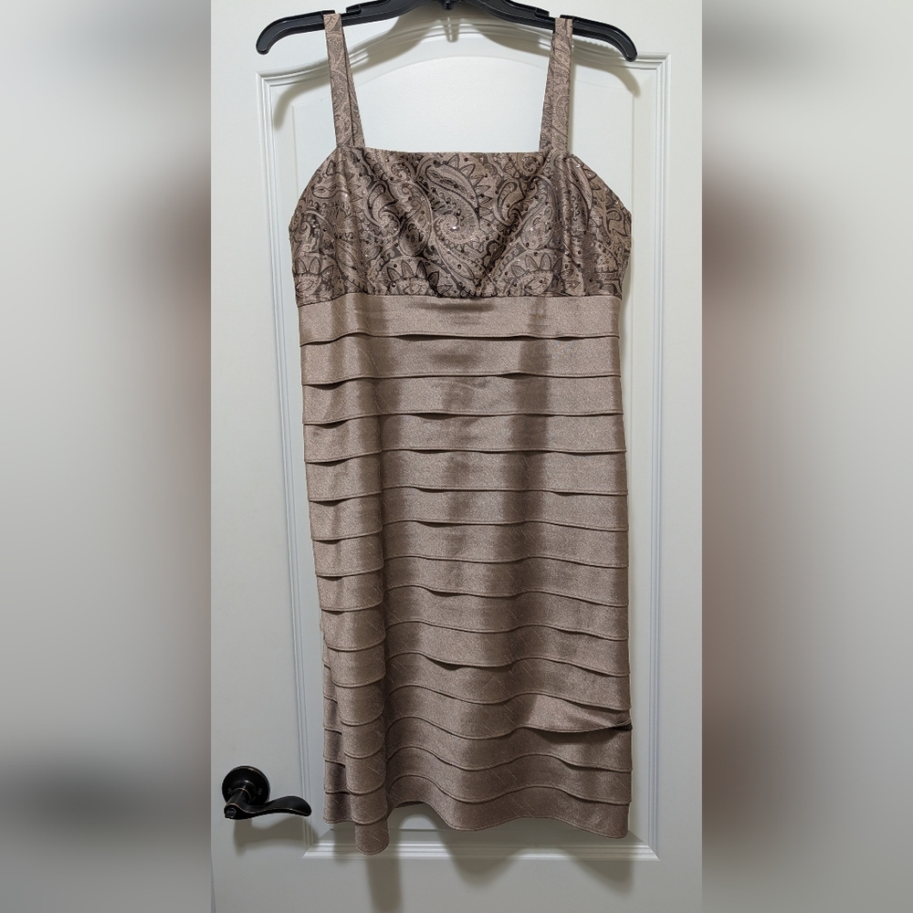 R&M Richards Brown Tan Dress, Tiered Satin Layers & Sequins, Size 8